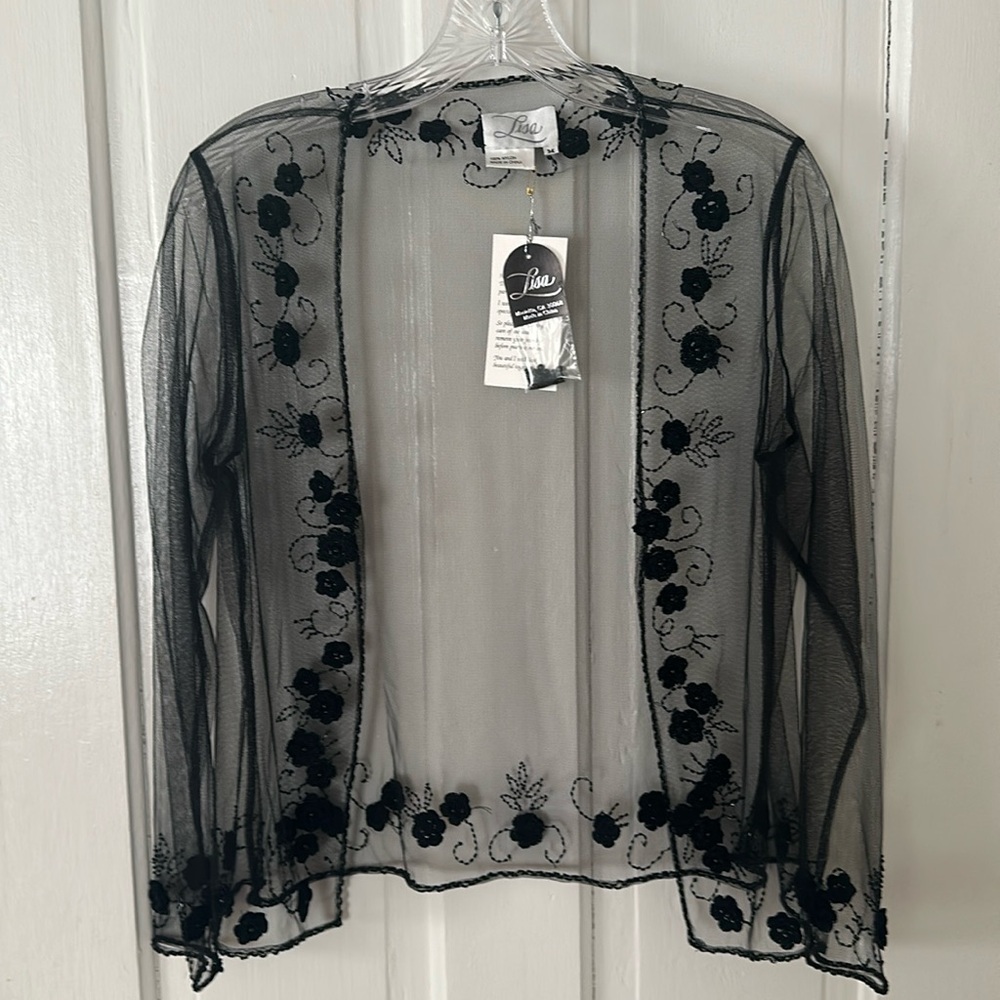 Vintage Y2K Sheer Black Beaded Rosette Bed Jacket Medium NWT